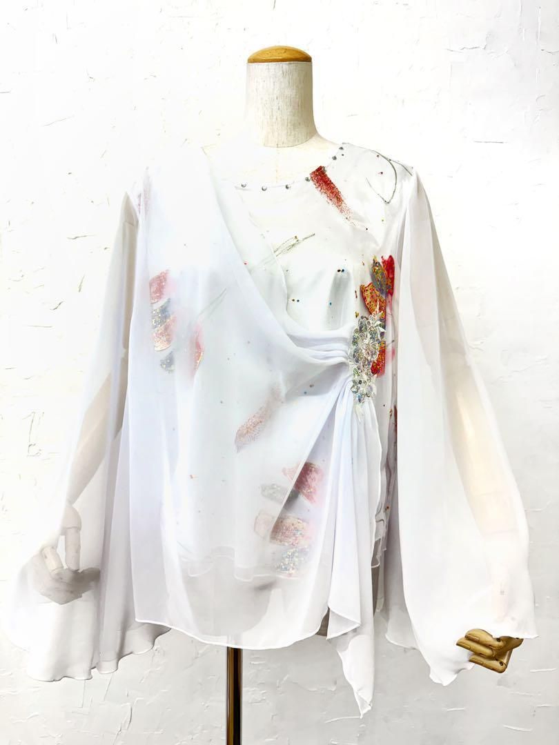 優雅】新品 社交ダンス ステージ衣装 白 袖フレアーカットソーd066