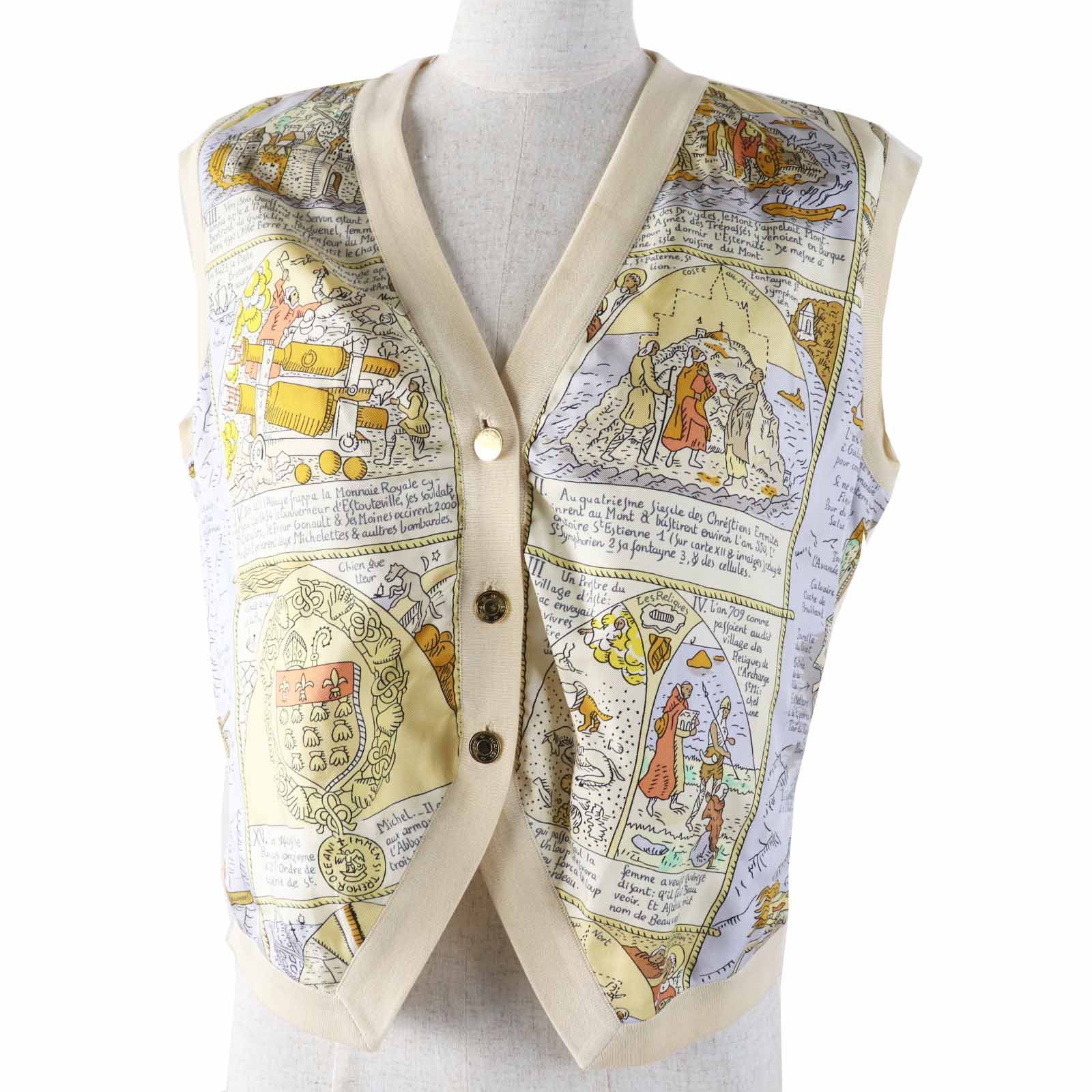 ◎HERMES エルメス ヴィンテージ MONT SAINCT MICHEL モンサンミッシェル シルク コットン ベスト マルチ ベージュ系 46 フランス製 レディース