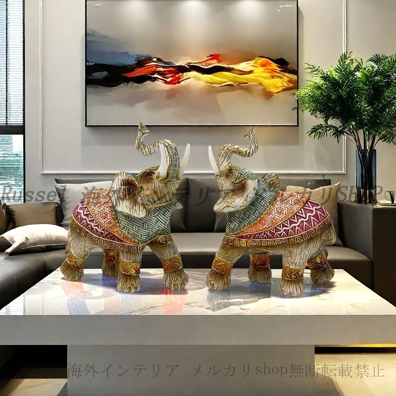 アンティーク象の陶器置物 2点セット オブジェ 象 2頭セット カラフル ヴィンテージ調 おしゃれ かわいい