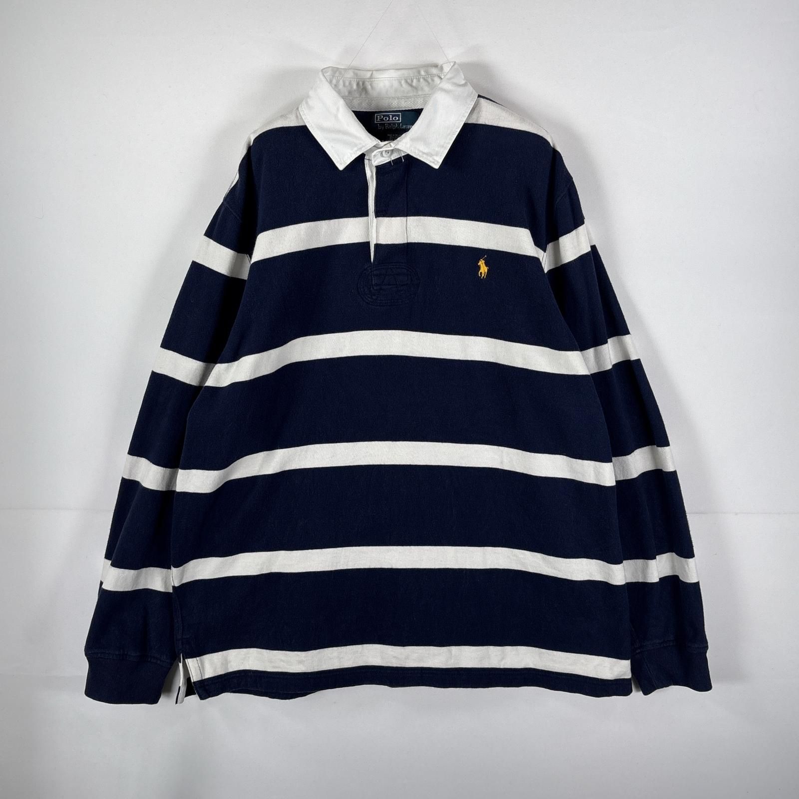 USA古着 90's～00's/90年代～00年代 ポロバイラルフローレン Polo by Ralph Lauren ラガーシャツ 刺繍ロゴ XL  ホワイト ボーダー メンズ