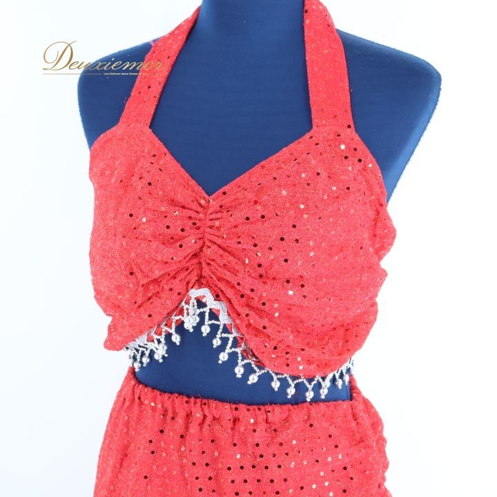 ベリーダンス オリエンタル 衣装 上下セット バヒー Lサイズ レディース レッド系 赤 ラメ ビーズ 装飾 BAHEE インド製 舞台 発表会 イベント コスチューム 赤いドレス セットアップ 舞台衣装 ラメ装飾 ベリーダンス衣装 スリット インド衣装 LLC-HASEGAWATOSO_COM