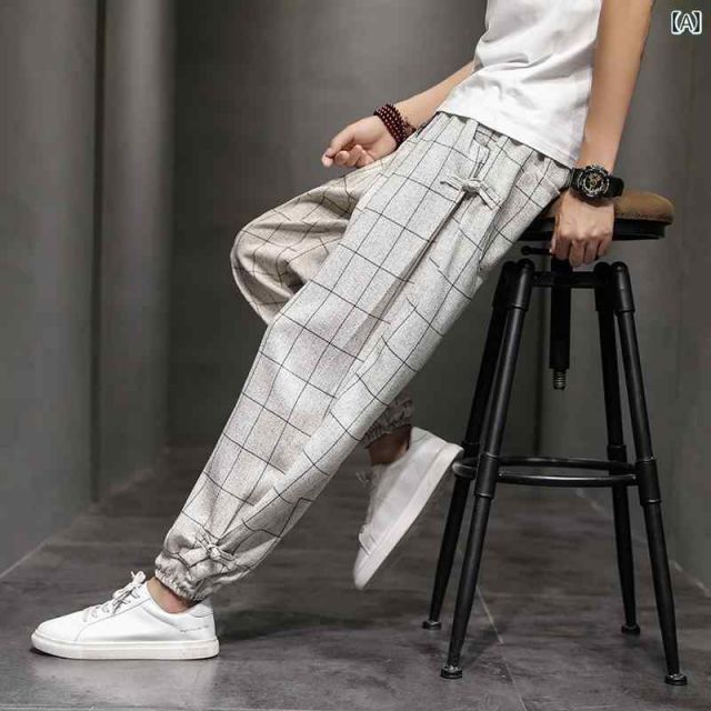 種類63：5XL/D：651メートル ホワイト   メンズ ファッション 服 男性用 オシャレ シンプル 大人 かっこいい 大きいサイズ ストリート 紳士服 夏 コットンリネン チェック柄 カジュアル パンツ レッグ バックル 九分丈 リネン 