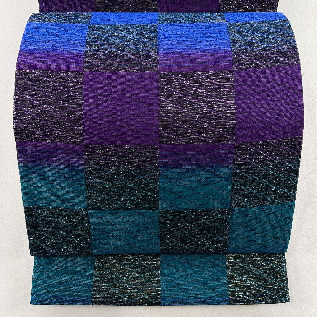 せい様 袋帯 美品 秀品 市松 斜縞 箔 灰紫 六通 正絹 【中古】 名古屋