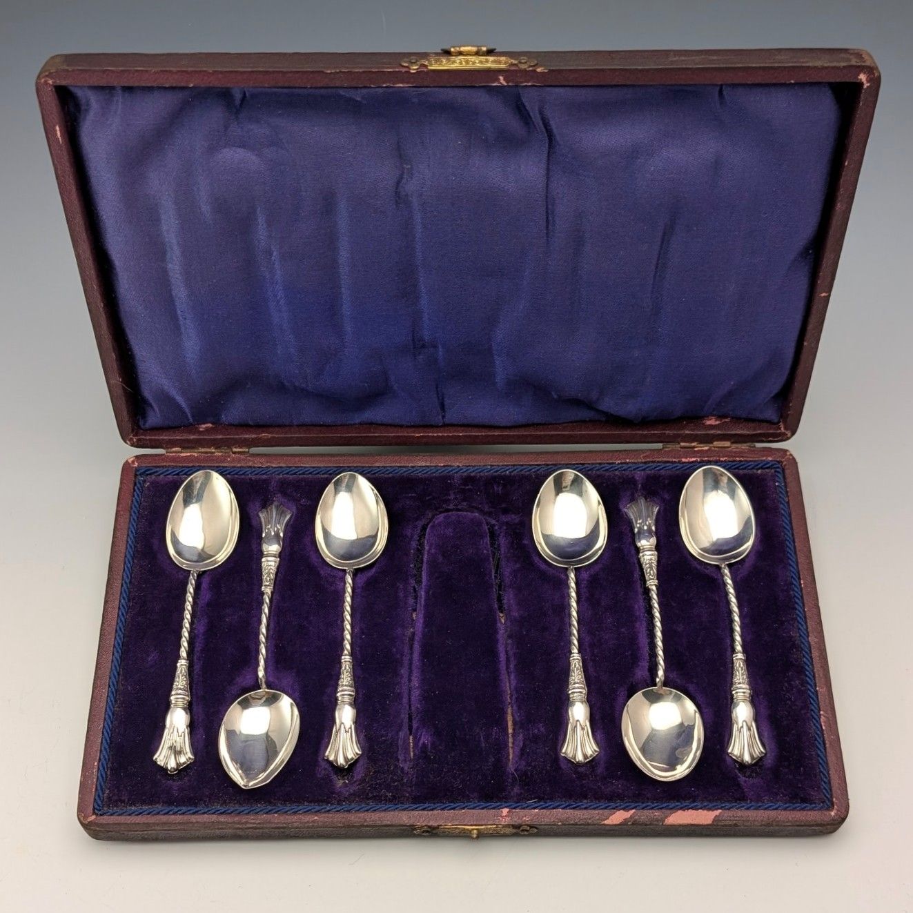 1907年 英国アンティーク 純銀製ティースプーン6本セット 計37g ケース入 William Devenport 美術品・アンティーク・コレクション 1907年 英国アンティーク 純銀製