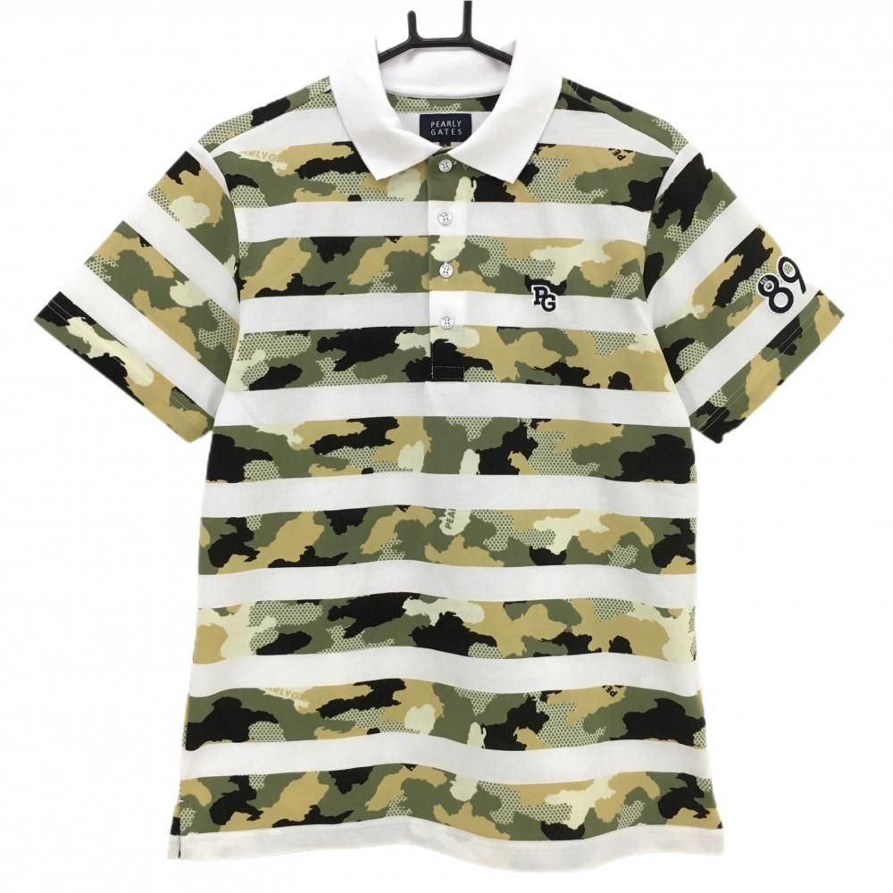 SALE15％OFF【超美品】パーリーゲイツ 半袖ポロシャツ カーキ×ベージュ×白 迷彩 カモフラ メンズ 5(L) ゴルフウェア 2022年モデル PEARLY GATES