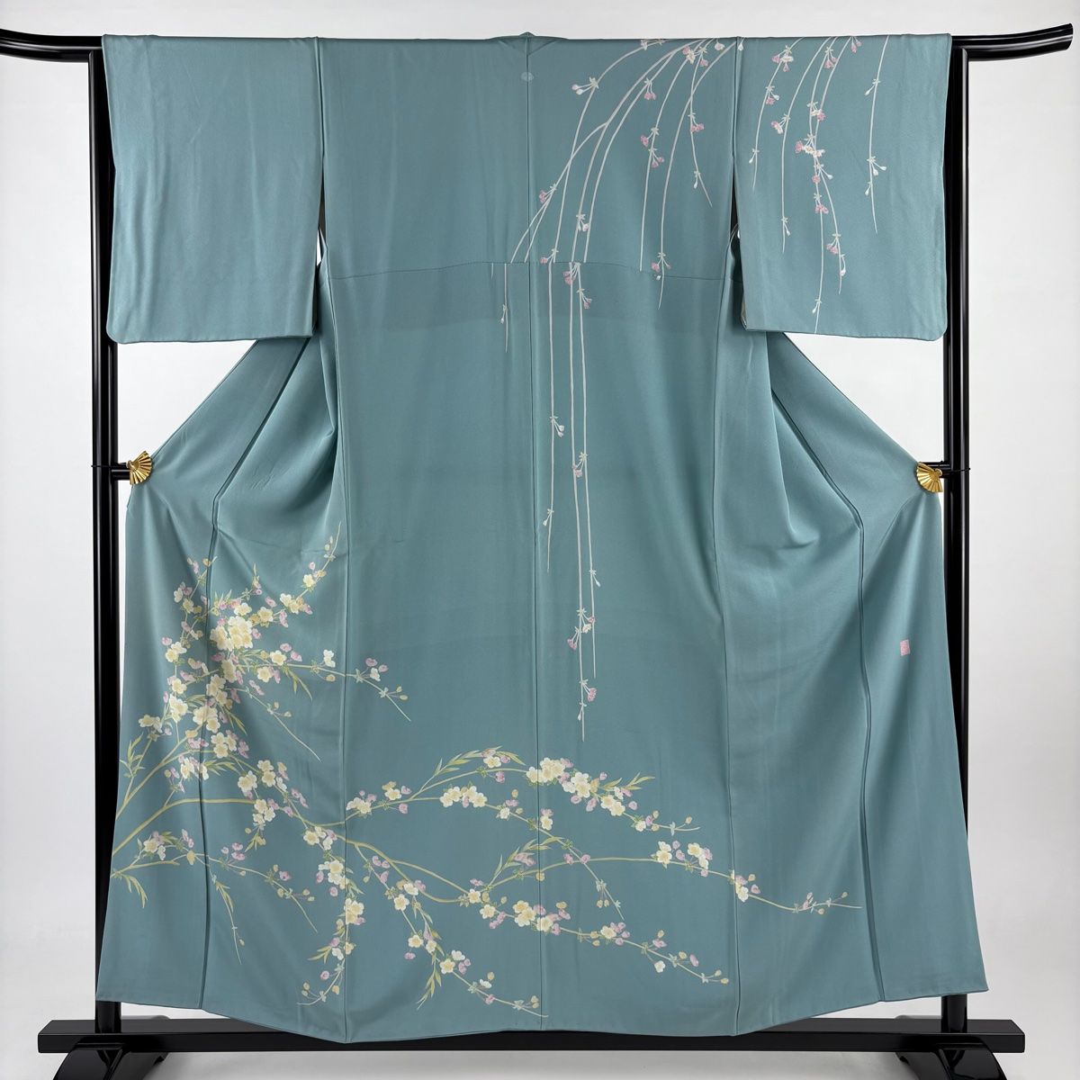 訪問着 身丈155.5cm 裄丈64cm M 袷 落款 枝梅 灰緑 正絹 秀品 一つ紋