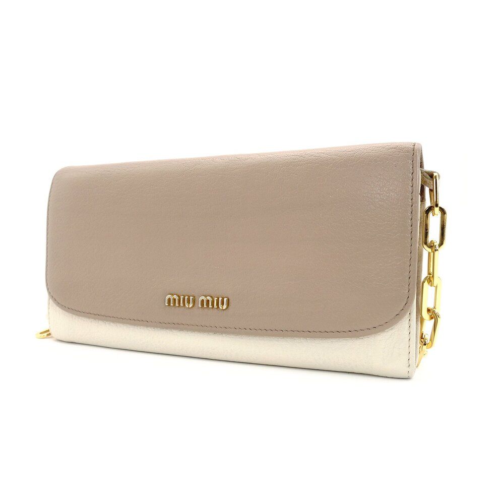 ミュウミュウ MIU MIU チェーン ウォレット ショルダーバッグ ベージュ×オフホワイト レザー ロゴ 7-9-627 DECORATOM_COM_BR