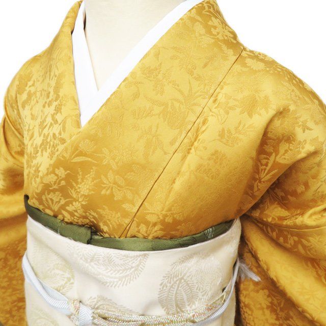 色無地 付下げ 付け下げ 訪問着 着物 正絹 袷 地模様 花模様 花菱 反端付き 琥珀色 身丈162cm 裄66cm M きもの北條 A1279-3