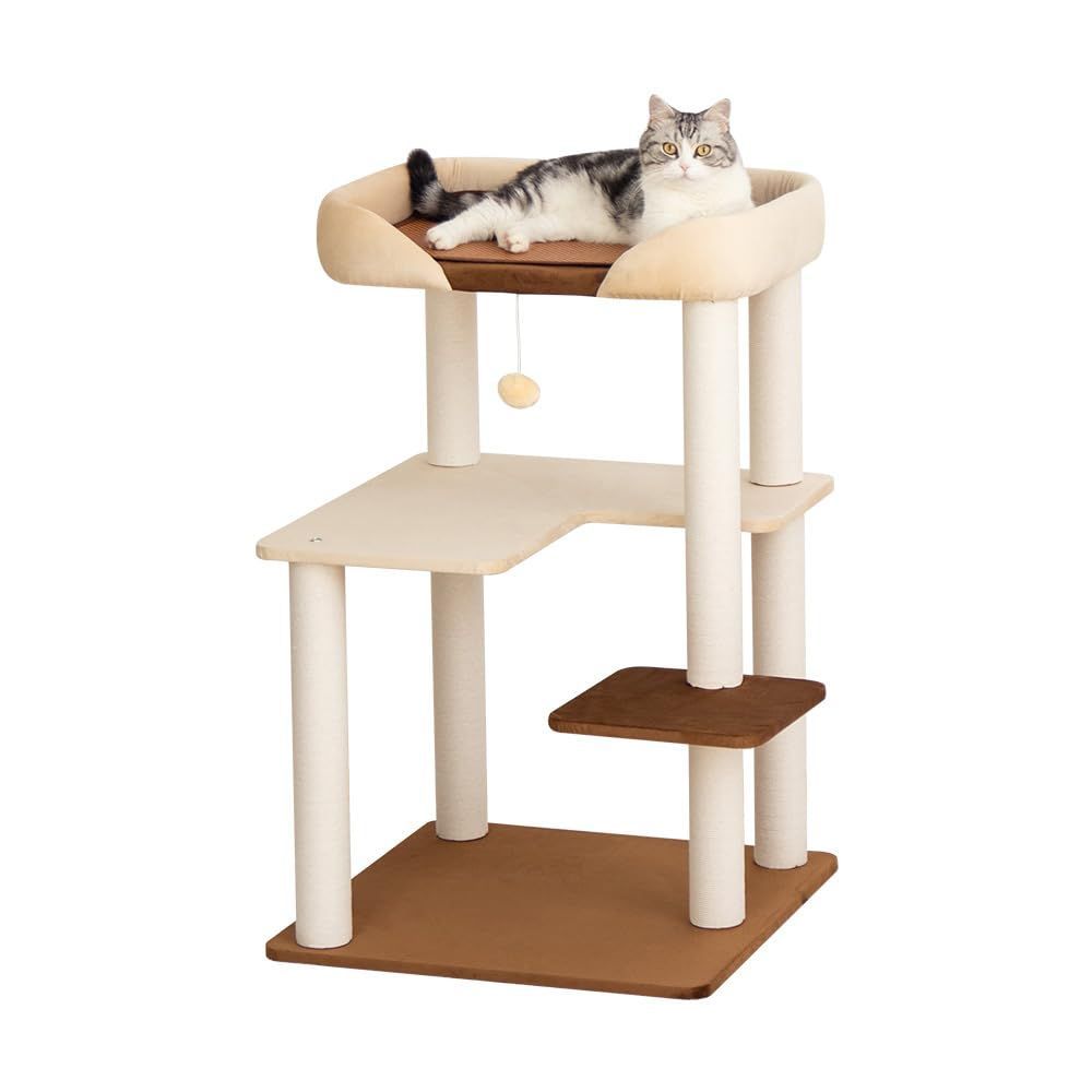 おしゃれ 販売元LULUCAT 据え置き OFFICIAL クッション詰めベッド 巨大土台 多頭飼い コンパクト シニア猫 冬夏兼用 夏用ござ付き キャットタワー 大型猫 安定感 低め 転倒防止デザイン 展望台 猫ベッド 運動不足解消 LULUCAT
