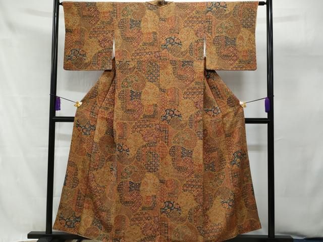 平和屋着物○上質な小紋 手描き 生紬 更紗花文 やまと誂製