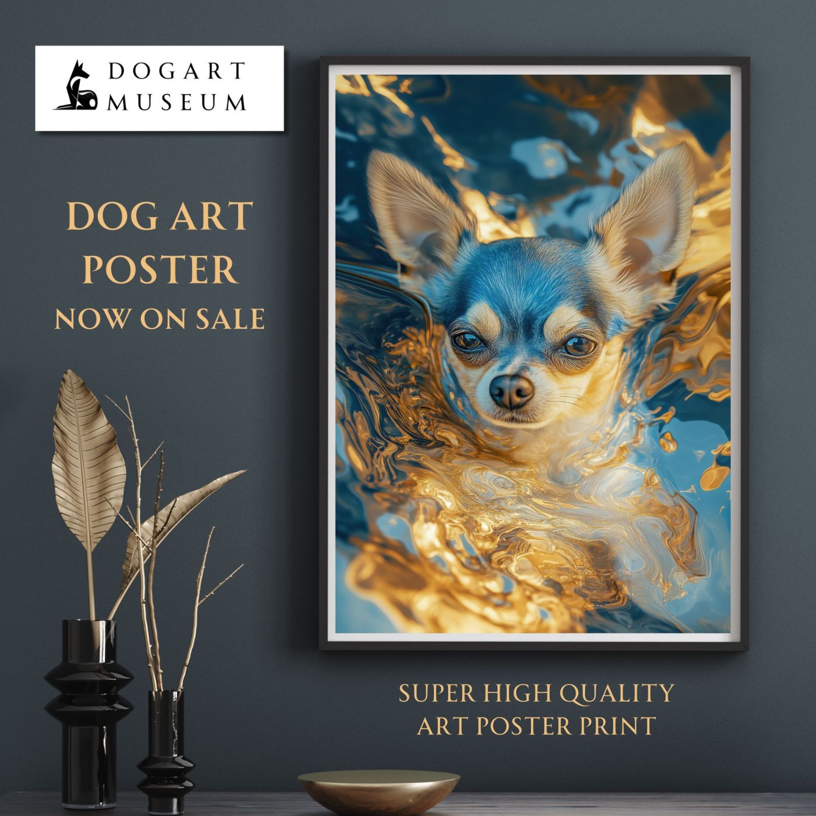 【青と金 - チワワ No.5】ペットロス・うちの子・記念日・アートポスター・犬の絵・犬のイラスト・ギフト・プレゼント