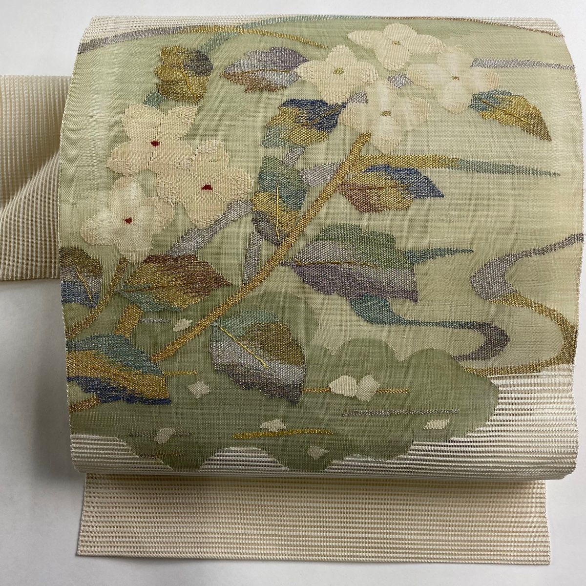 名古屋帯 秀品 夏帯 絽 八寸名古屋帯 枝花 金銀糸 クリーム 正絹