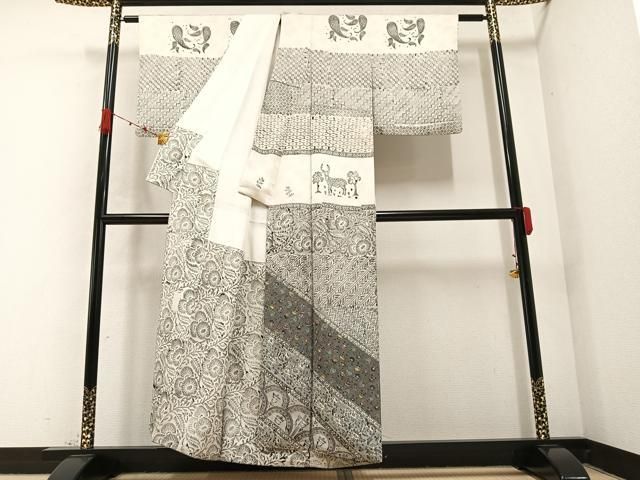 平和屋着物○訪問着 型染め 草花鹿文 金通し地 正絹 逸品 AABB4348ph