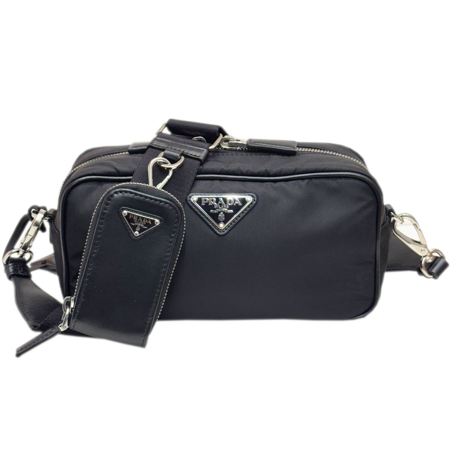 【中古】PRADA プラダ 1BH197 トライアングルロゴ ポーチ付き Re-Nylon ナイロン レザー ショルダーバッグ ブラック イタリア製 メンズ