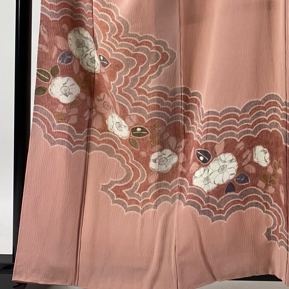 訪問着 身丈160cm 裄丈67.5cm L 袷 椿 雲文 絞り 縮緬 ピンク 正絹 秀品