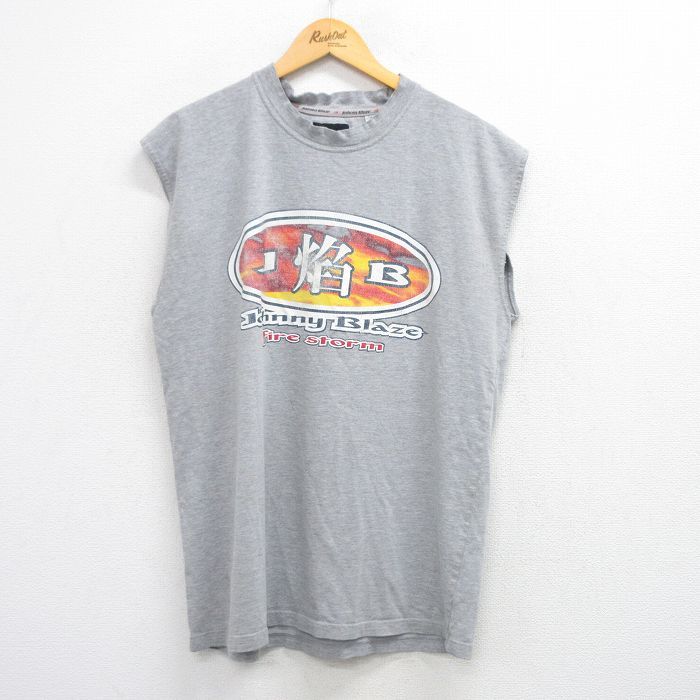 XL/古着 ノースリーブ Tシャツ メンズ ジョニーブレイズ 火? クルーネック グレー 霜降り 25jul29 