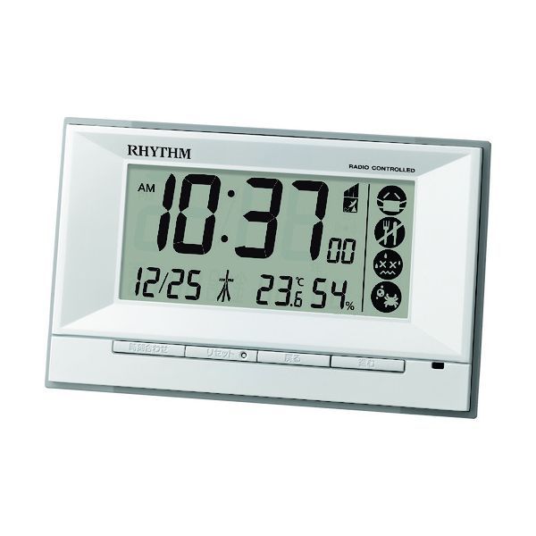 【新品・7営業日以内発送】ＲＨＹＴＨＭ 8RZ207SR03  リズム 電波 目覚まし時計 温湿度計付き 環境目安表示 白【沖縄離島販売不可】