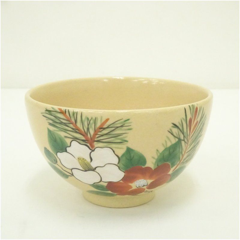 MOA美術館監修 小泉蔵珍窯造 若松椿文茶碗（箱付） 茶道 抹茶 おしゃれ