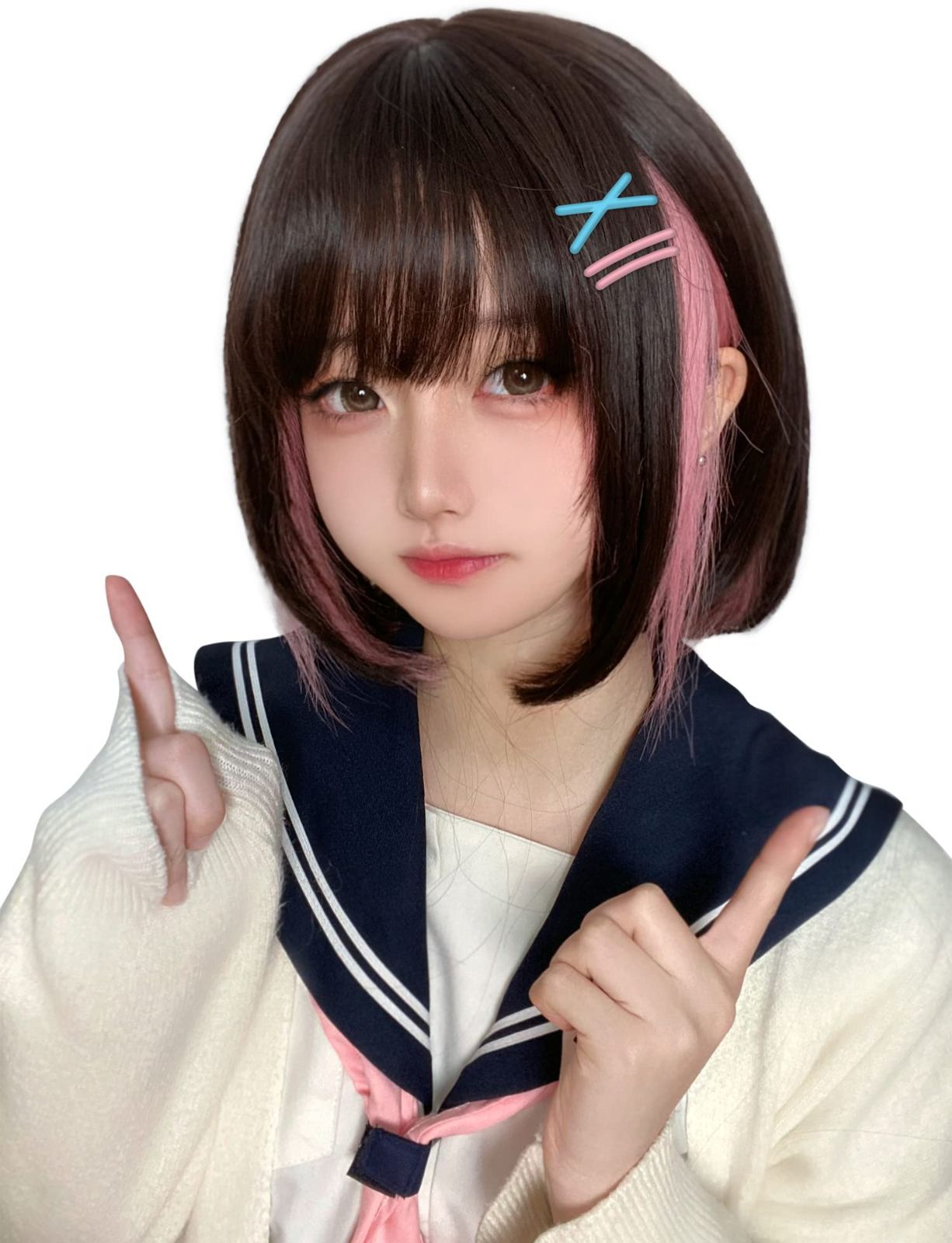 【在庫処分】ネット/櫛付き 日常 原宿 女装 wig 小顔効果 耐熱 自然 (ブラックピンク) ストレート レディーズ かつら フルウィッグ ショート ボブ ウィッグ