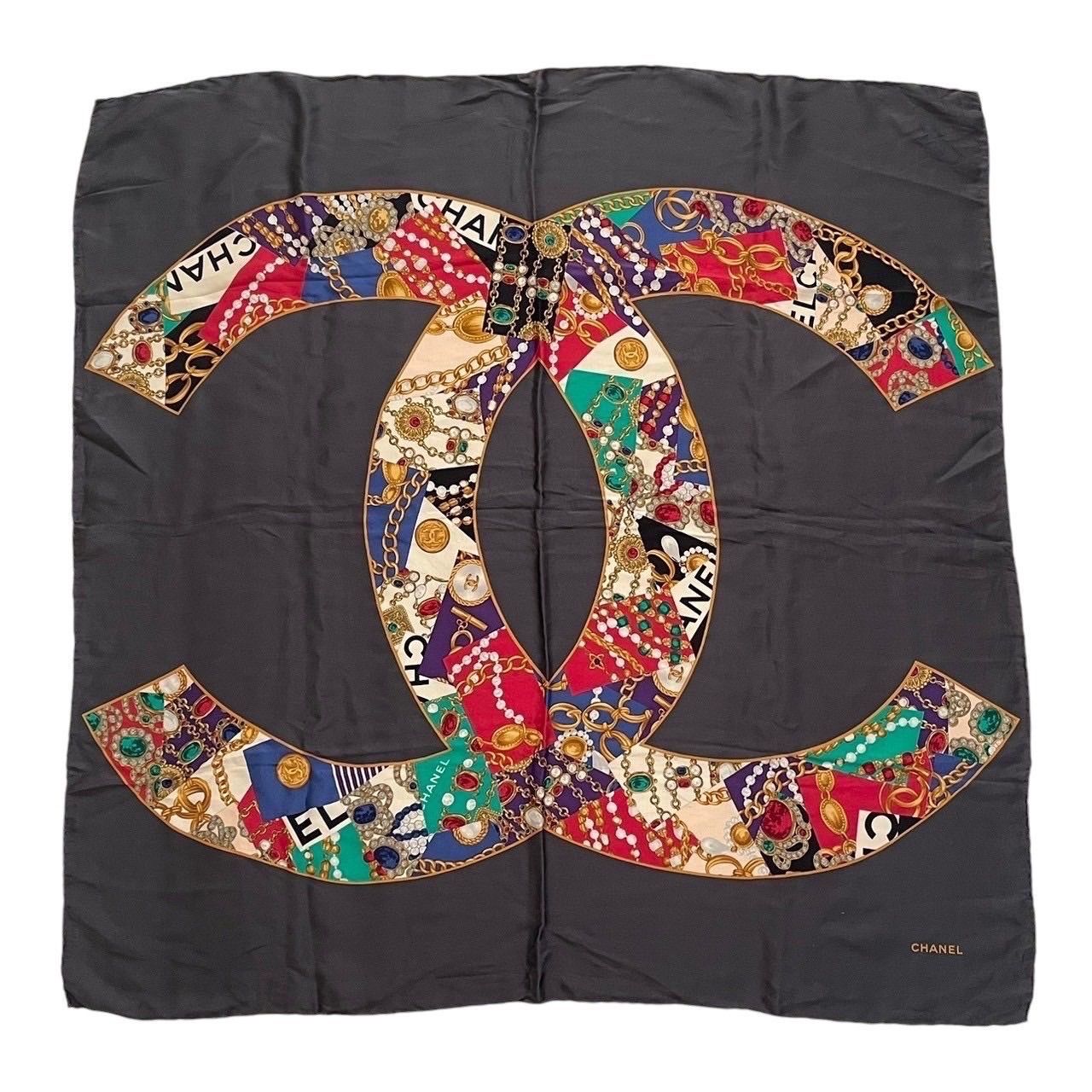 CHANEL シャネル スカーフ グレー マルチカラー 大判 小物 ココマーク