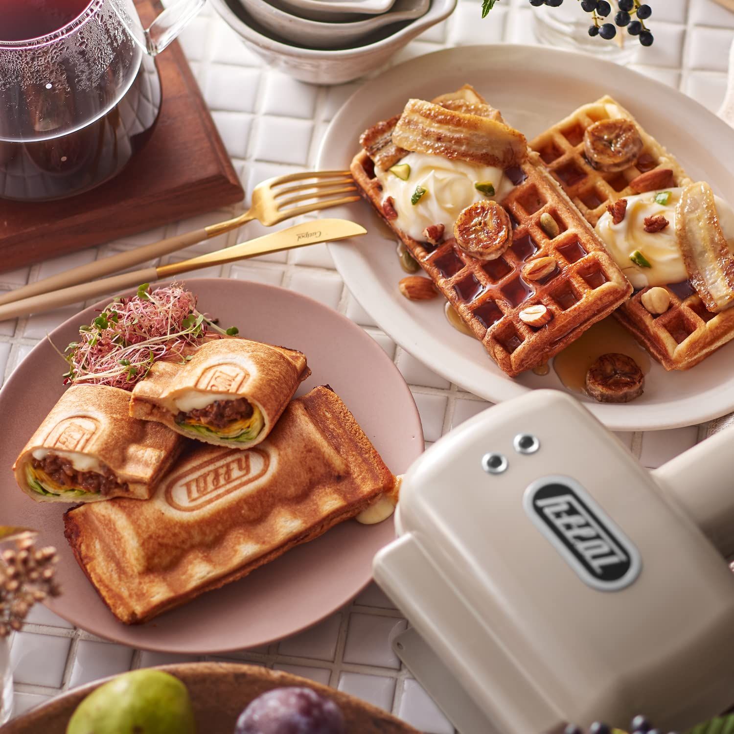 迅速発送 Toffy|トフィー ハーフホットサンドメーカー プレート交換式 K-HS5 グレージュ ワッフルプレート 2WAY 食べきりサイズ スイッチON|OFF K-HS5-GE