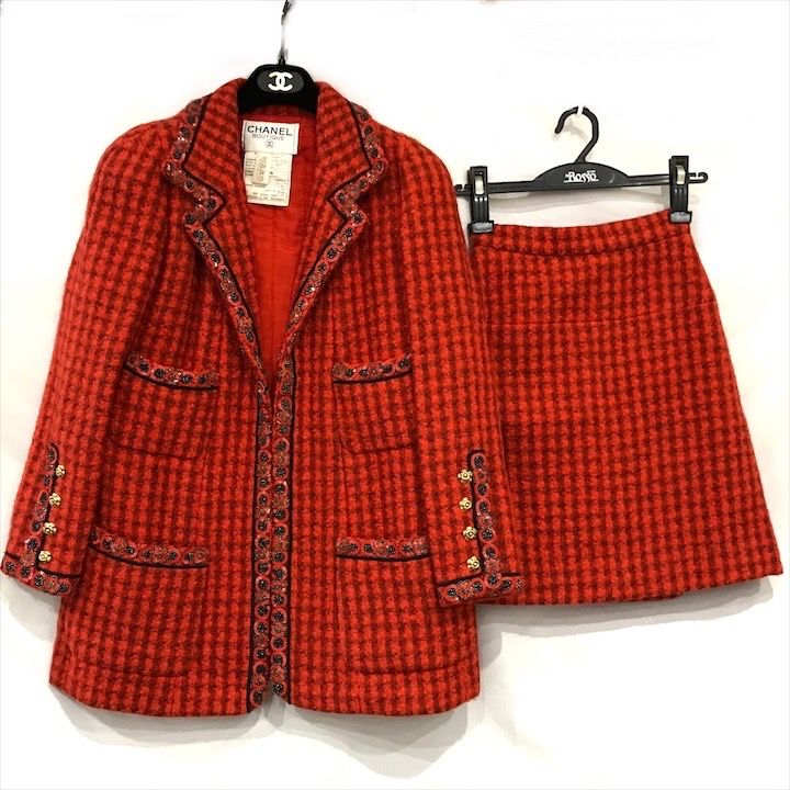 CHANEL シャネル スパンコール ツイード ジャケット 36 スカート 36 セットアップ ウール シルク レッド レディース h152