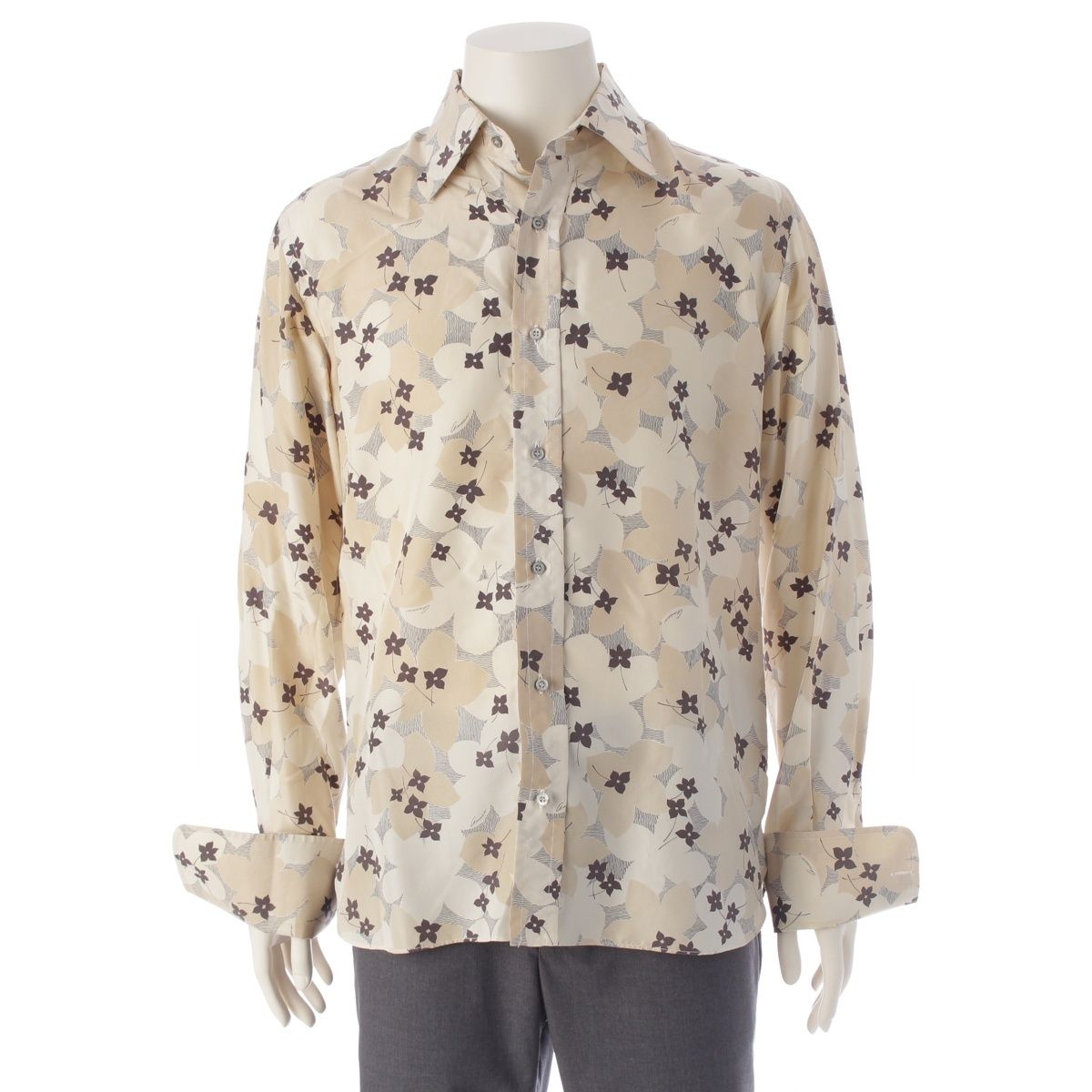 『N』【美品】GUCCI - 総柄シルクシャツ ベージュ グッチ シルク 花柄 フラワー 長袖 ブラウス シャツ ベージュ 40