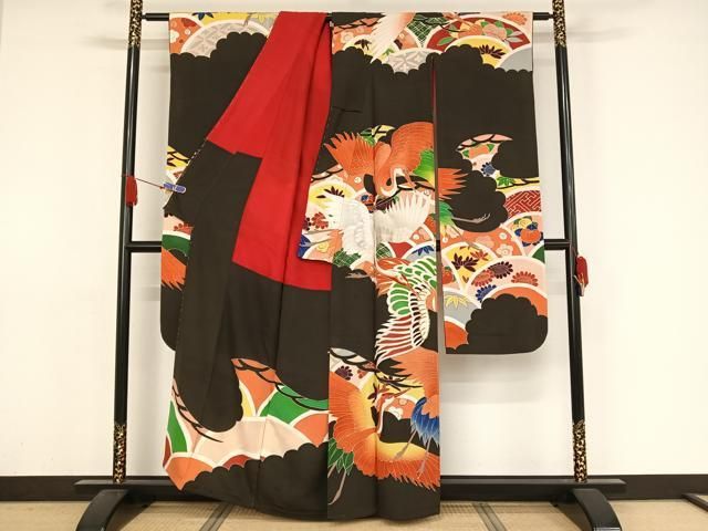 [美品] アンティーク　成人式　本振袖　長襦袢　手染め　手描き　黒　鶴　大正浪漫 キモノハーツのコーデレーベル「粋古典」おすすめ振袖5選！