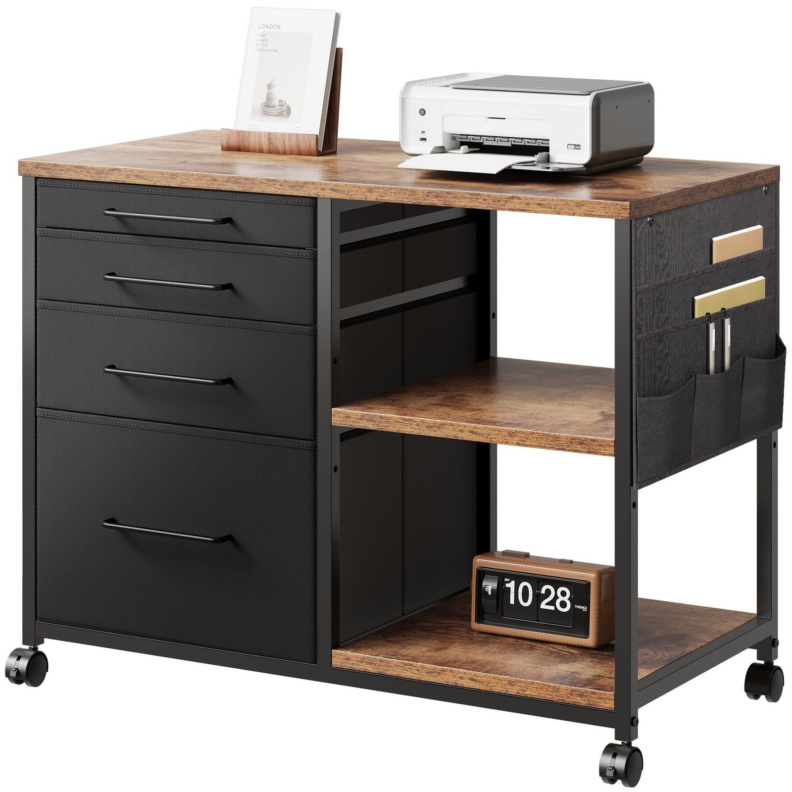 幅750*奥行400*高さ650mm デスク下収納 キャスター付き 大容量 ビンテージ 黒い引き出し プリンター台 A4対応 オフィスワゴン 4段 層板付き 袖机 布製 樹脂 デスクワゴン サイドキャビネット