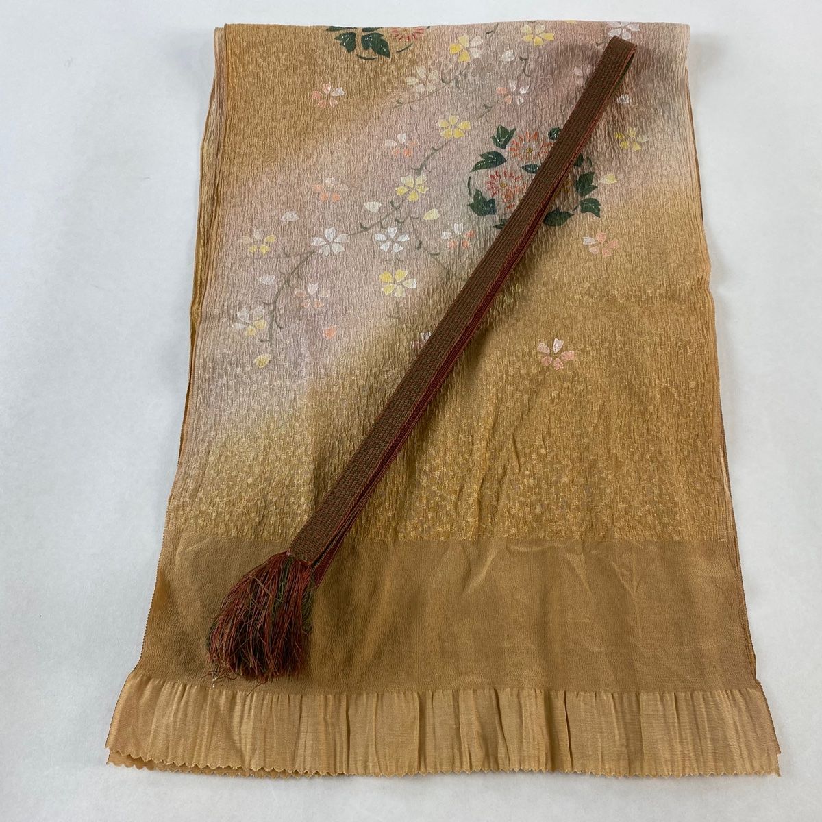 和装セット 優品 帯締め帯揚げ2点セット 草花 金彩 ぼかし 薄茶色 正絹 和装小物