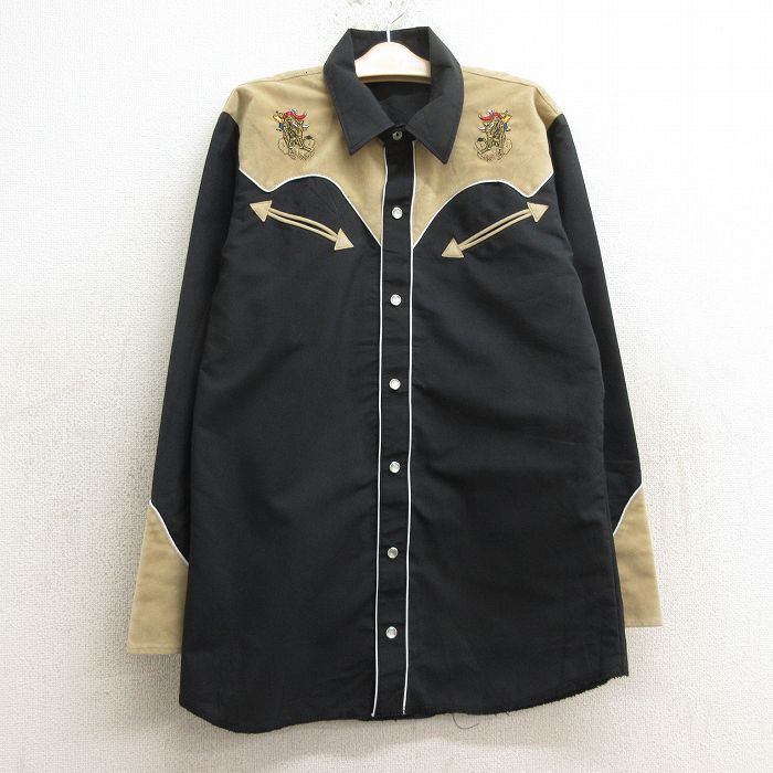 古着 長袖 ウエスタン シャツ キッズ ボーイズ 子供服 00s 牛 カウボーイ ベロア使用 黒他 ブラック 24jun04