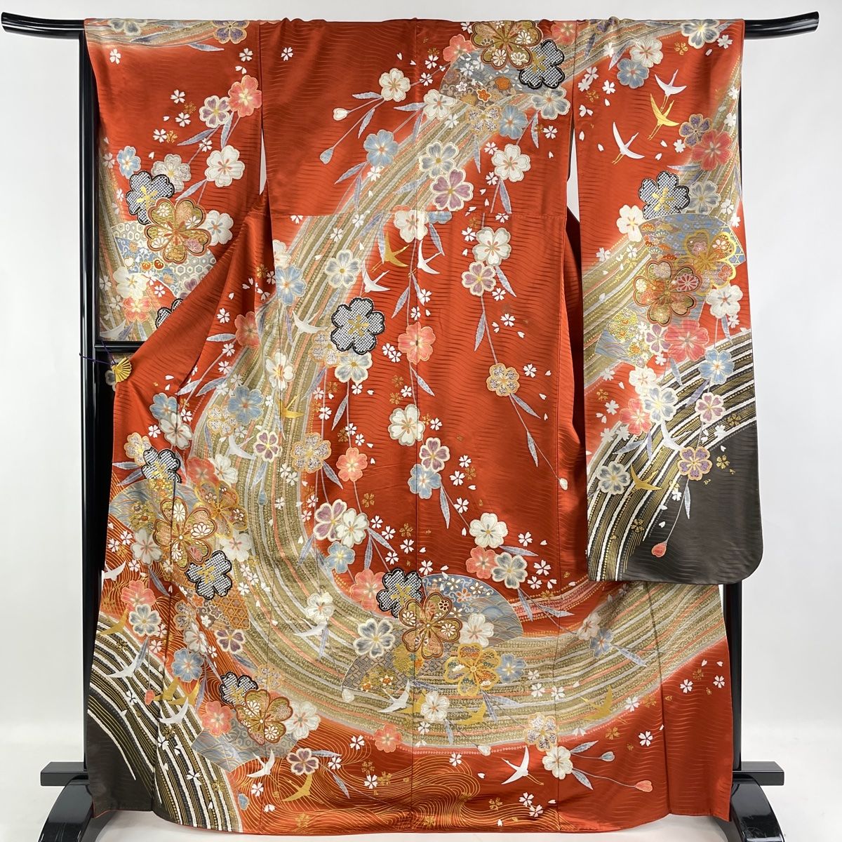 振袖 美品 名品 扇面 桜 金糸 金彩 茜色 袷 身丈169cm 裄丈69cm L 正絹