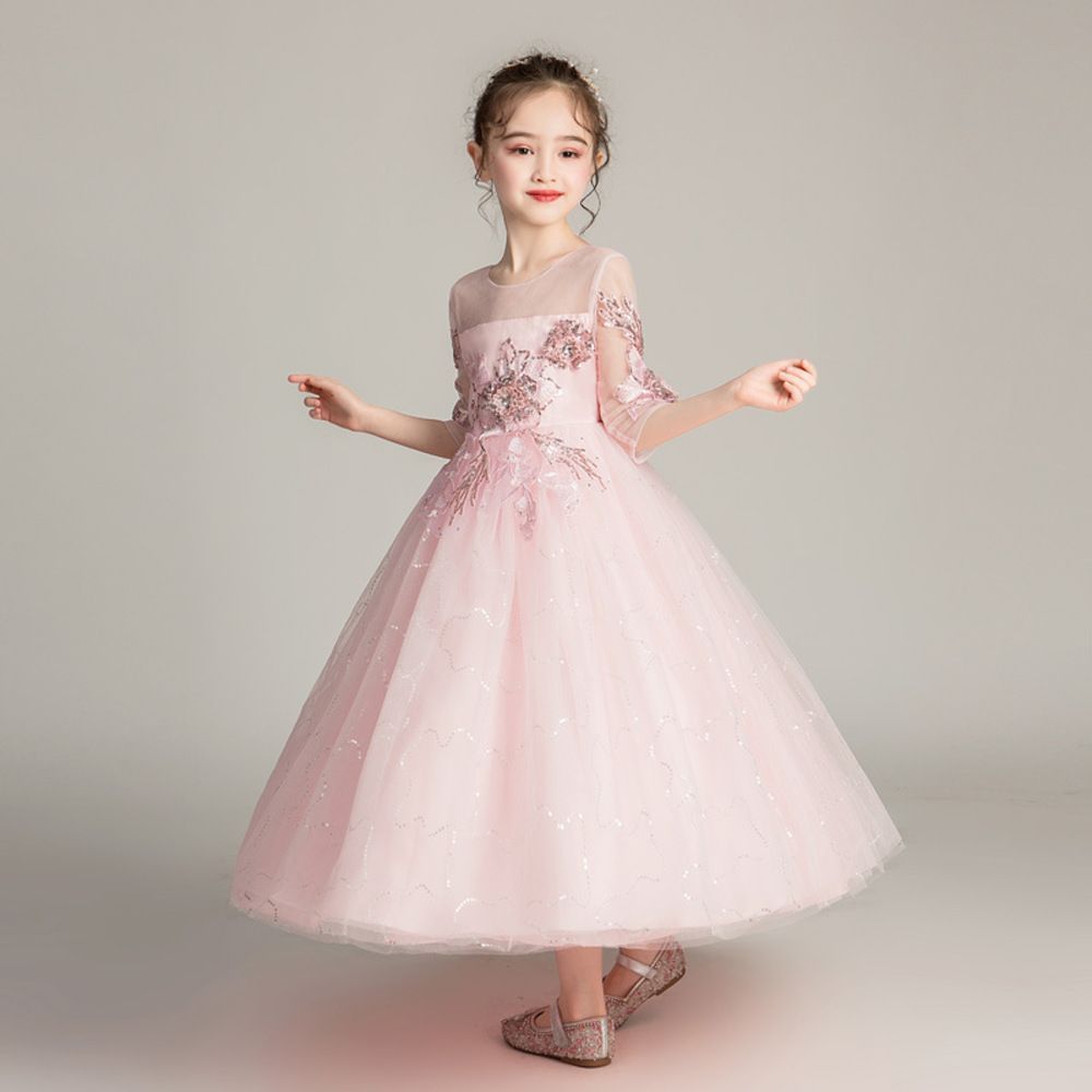 ピンク  140cm  ドレス 発表会 ガールズ ドレス 子供 キッズドレス 子供ドレス 女の子 発表会 子供ワンピース ロングドレス フォーマルドレス ワンピース 子ども キッズ チュール レース リボ