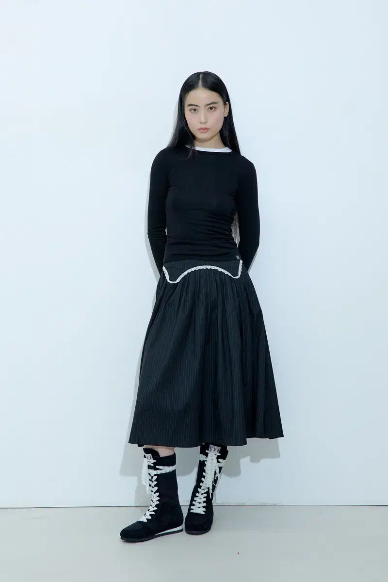 ラフネック サスペンダー プリーツ スカート ストライプ