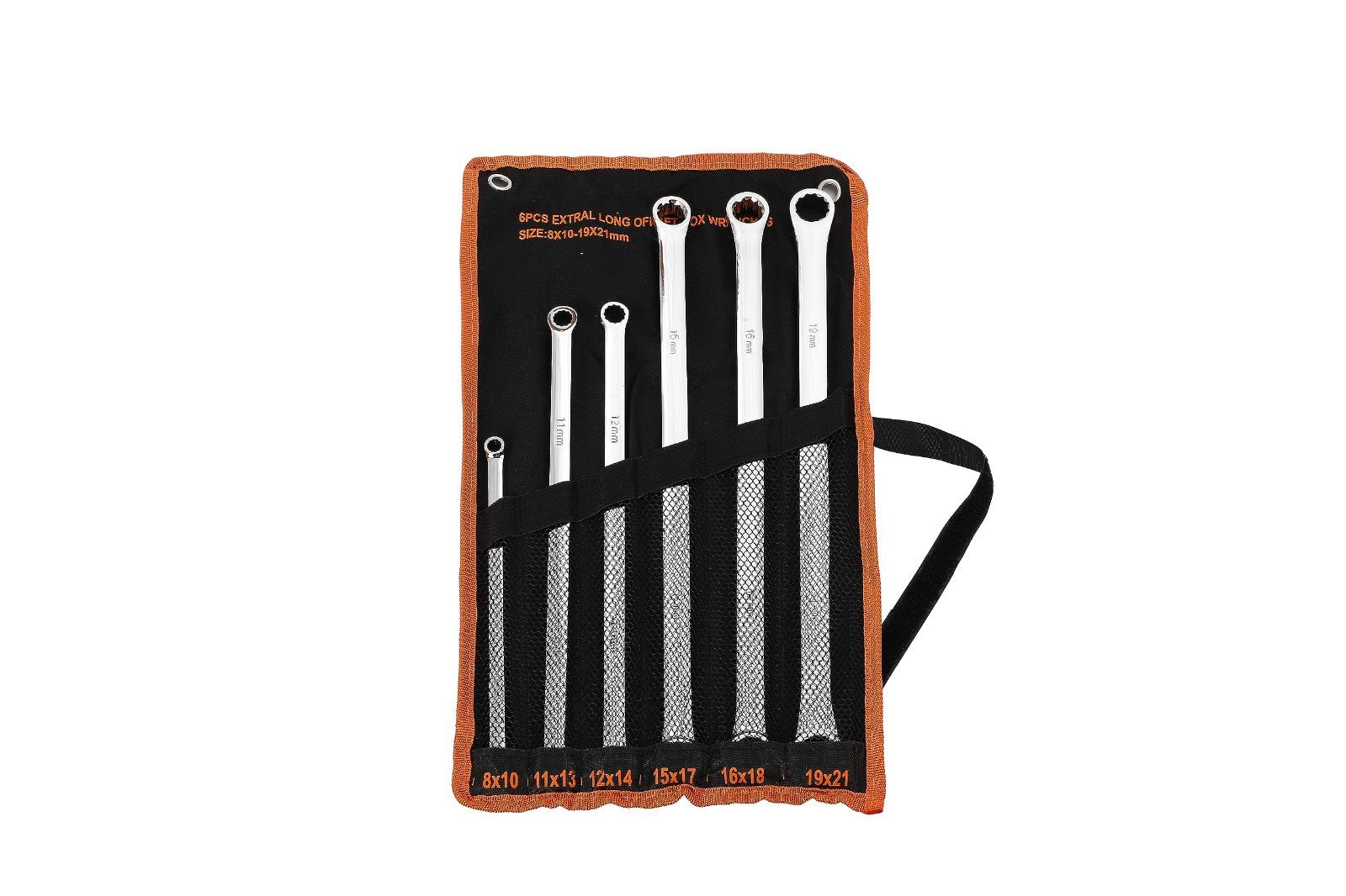 超 ロングストレート メガネ レンチ 6本組 セット 鏡面 ミラー 仕上げ 熱処理 ミリサイズ 12角 メガネレンチ 収納袋付き 自動車 バイク 大工 建築 家庭 DIY 整備