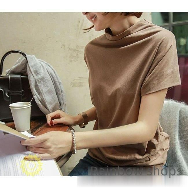 Tシャツ ブラウス トップス 半袖 レディース 春 夏 ベーシック ゆったり ハイネック フレンチスリーブ きれいめ 定番　コットン 大セール 新品未使用】Tシャツ ブラウス トップス 半袖 レディース 春 夏