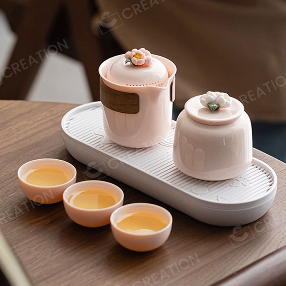 【大特価!!】 茶器セット おしゃれな立体花 茶缶 茶皿 湯呑 急須 7個セット 工芸品
