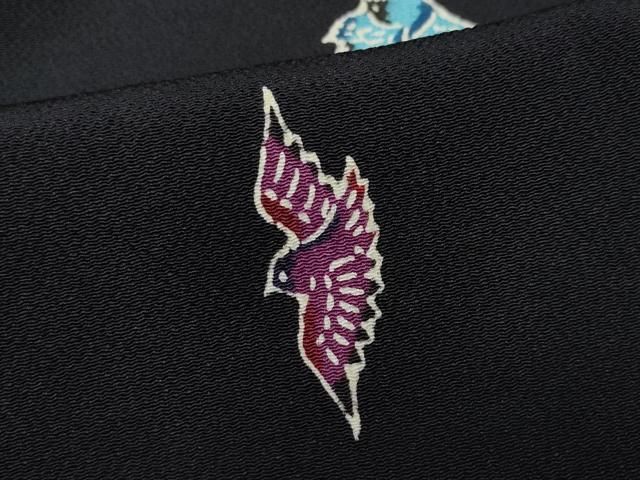 平和屋着物●上質な小紋　型染め　飛鳥文　黒地　鬼しぼ縮緬　正絹　逸品　CAAU9961vf 平和屋着物○上質な小紋 型染め 飛鳥文 黒地 鬼しぼ縮緬 正絹 逸品