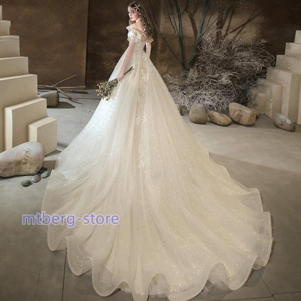 ウェディングドレス 花嫁 二次会 ウエディングドレス 結婚式 ロングドレス Aラインドレス オフショルダー トレーン 挙式 披露宴 ブライダル