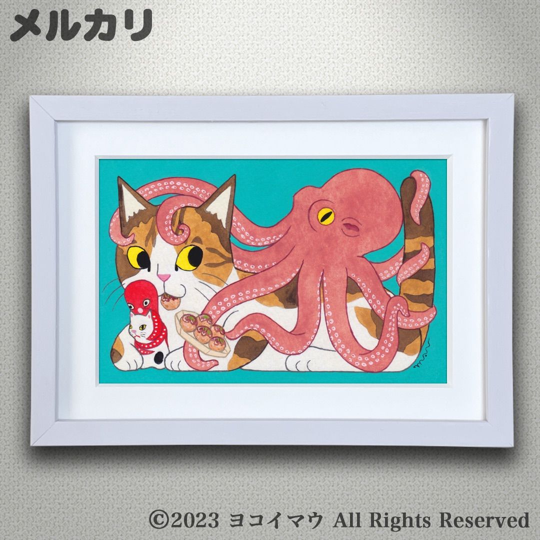 原画「猫の背中に何かある〜タマ対大ダコ郷土玩具の決戦」猫/イラスト 