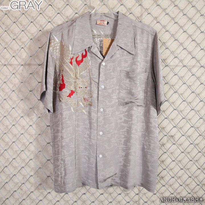 花旅楽団SCRIPT 炎龍 刺繍 和柄 レーヨン半袖シャツ SS-003 グレー は