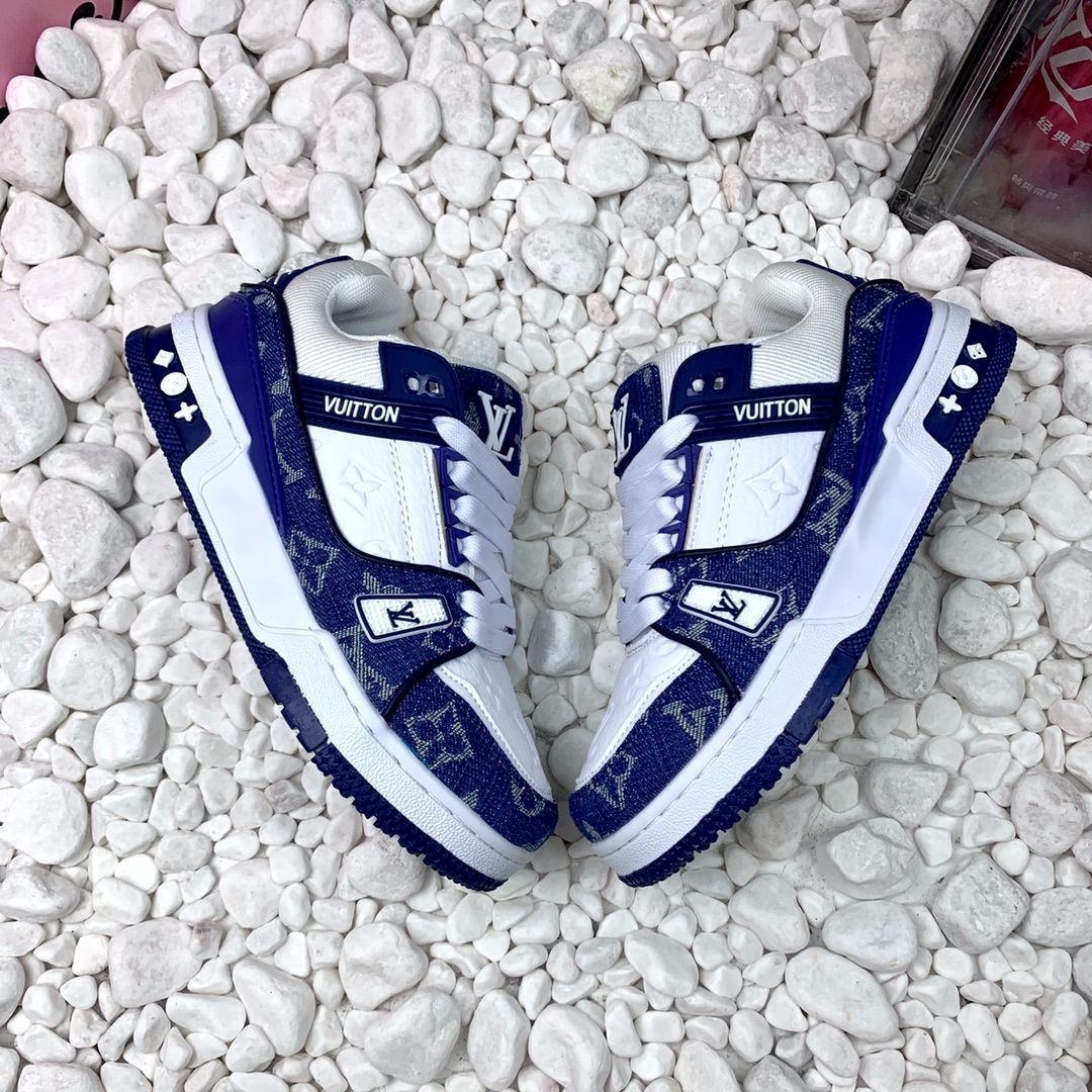 【デニム×レザー】Louis Vuitton LV トレイナー スニーカー LOUIS VUITTON Trainer デニムレザーカジュアルロートップ