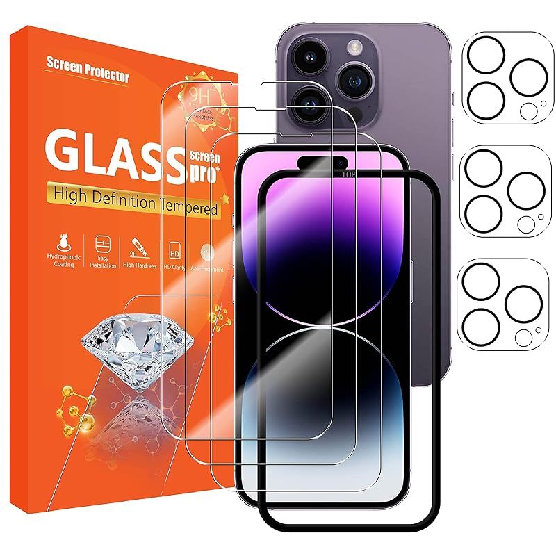 seninhi [3+3パック] iPhone 14 Pro Max用 スクリーンプロテクター 3パック + カメラレンズプロテクター 3パック 強化ガラススクリーンプロテクター [取り付け簡単フレーム付き] [硬度9H] [傷防止] [気