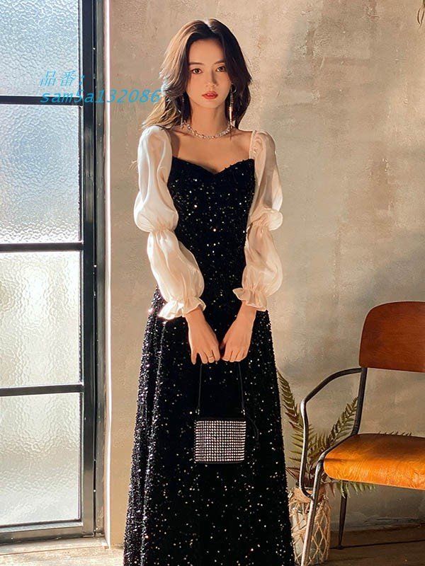 ドレス 大人 ピアノ 発表会 キラキラ ロングドレス 結婚式 袖付き 演奏会 黒 ピアノ発表会 母親 am5a132086