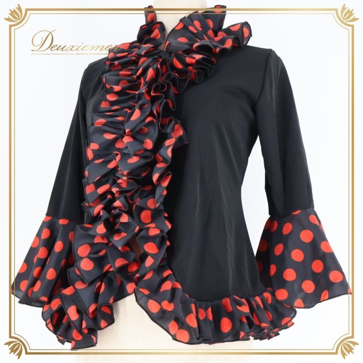 フラメンコ 衣装 ブラウス トップス 黒 赤 ドット 水玉 ダンス パーティ 発表会 フリル ボランテ ブラック系 レッド系 ボリューム フリル おしゃれ 可愛い レディース ダンス衣装 フェス コスチューム ステージ衣装 舞台衣装 ブラックドット