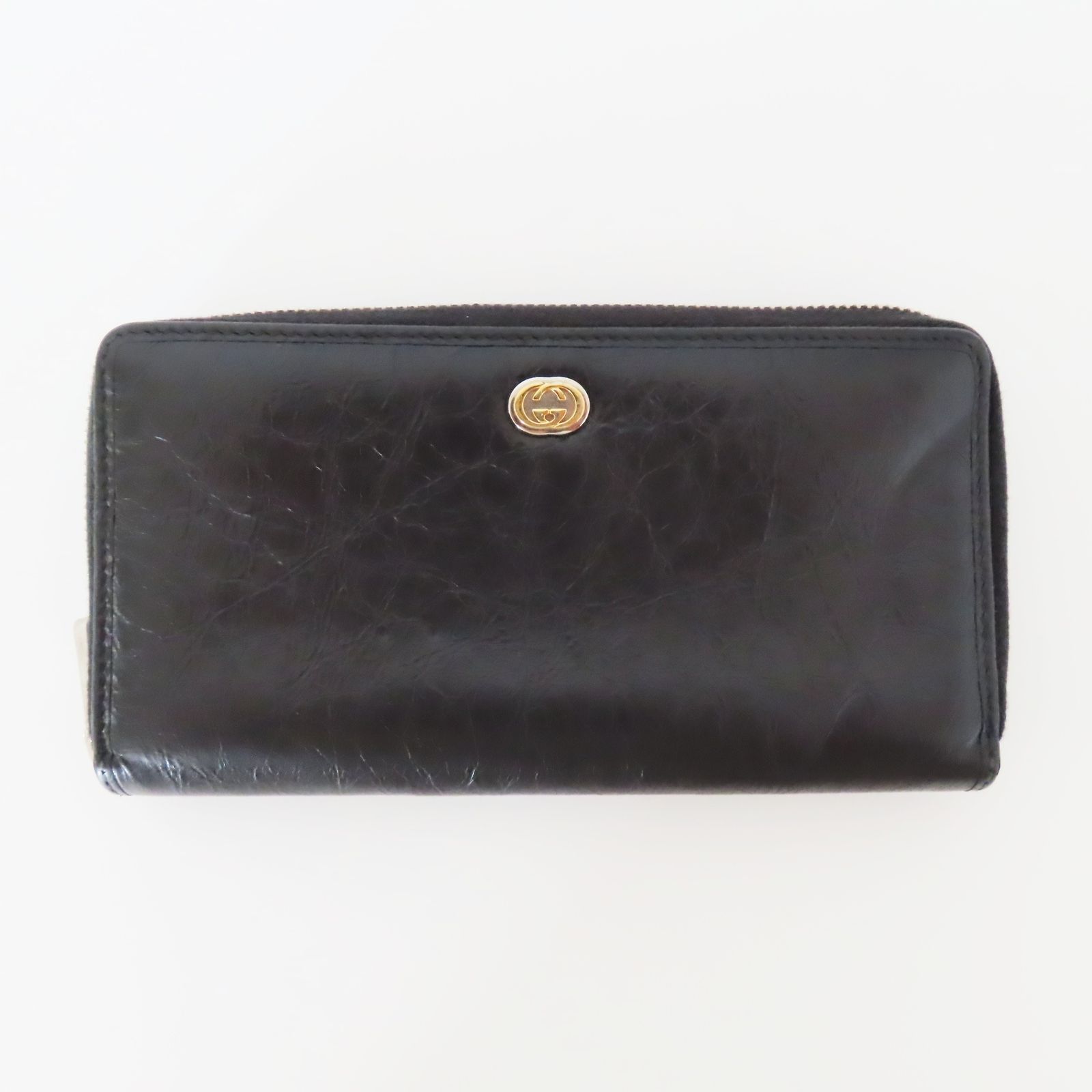 T09 GUCCI グッチ インターロッキング レザーラウンドファスナー長財布  