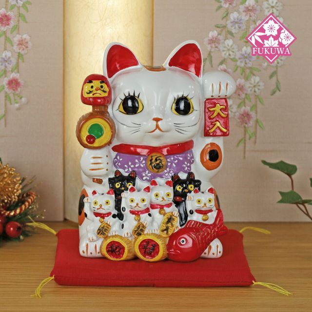 招き猫 置物・開運・縁起物・金運・風水(親子 招福 バンク 招き猫 LL