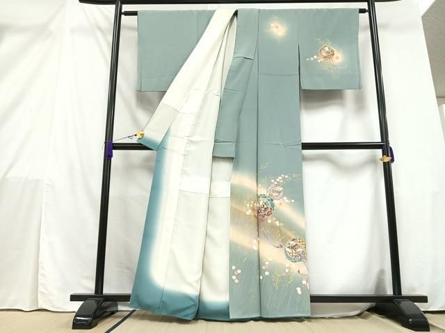 【染め分け暈し】正絹　上質な訪問着　花柄　袷　落款 大変豪華！上質【正絹訪問着】【着物単品！】袷暈し染扇面吉祥花