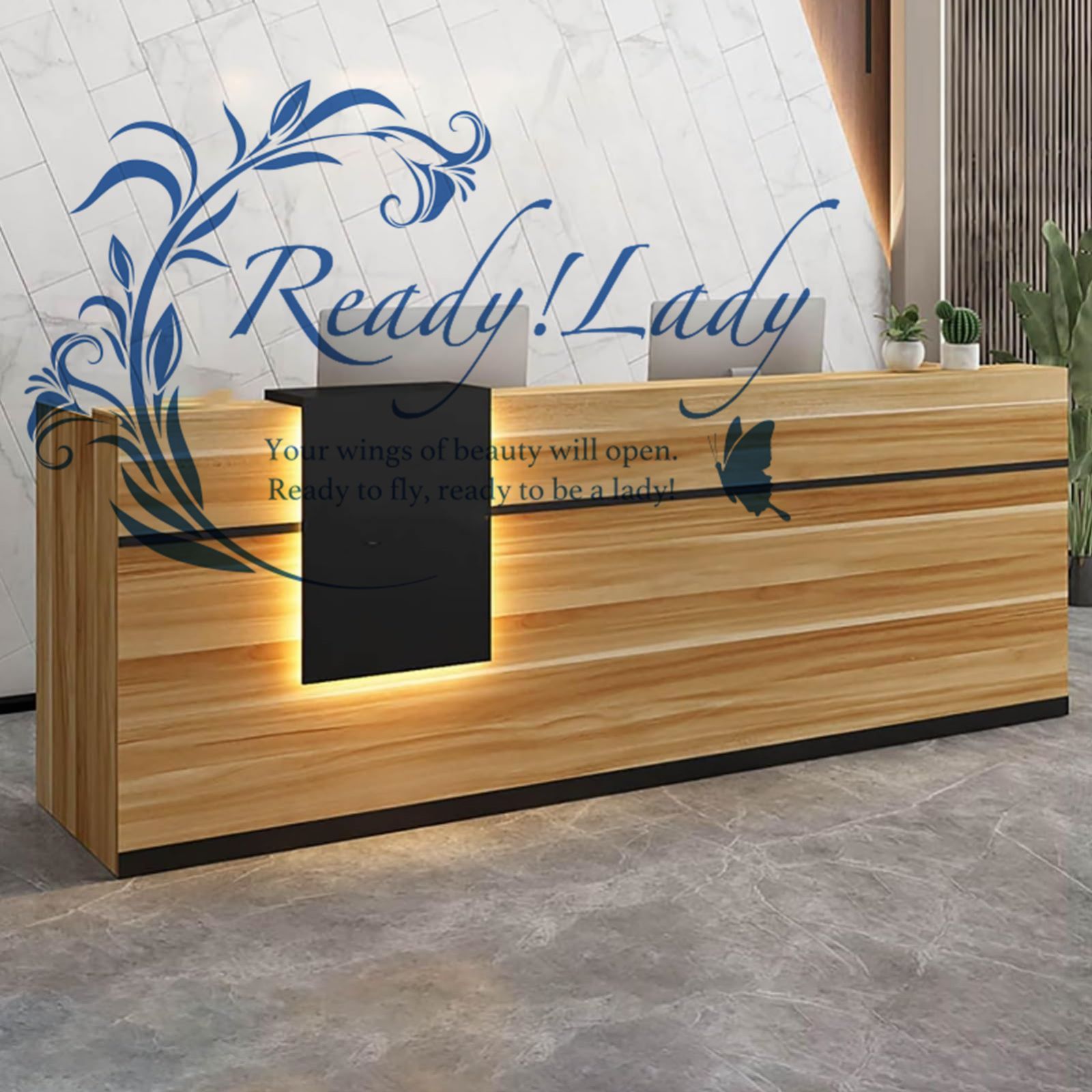 木製受付テーブル LEDライト付き受付デスク カウンター付き受付デスク 収納付きオフィスフロントデスク受付 さまざまな設定に適しています 120cm