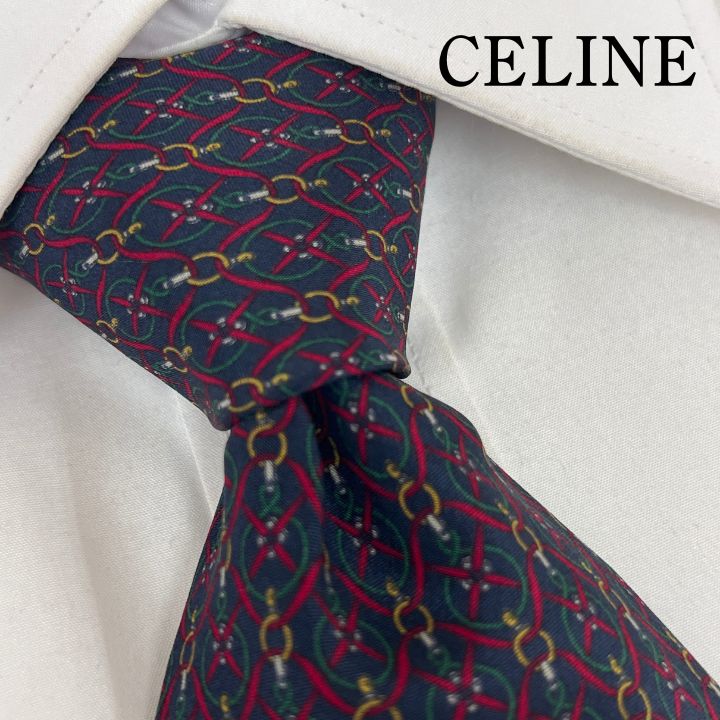 極美品　未使用級　【CELINE 】セリーヌ　ネクタイ ネイビー系　柄　シルク 極美品 未使用級 【CELINE 】セリーヌ ネクタイ ネイビー系 柄